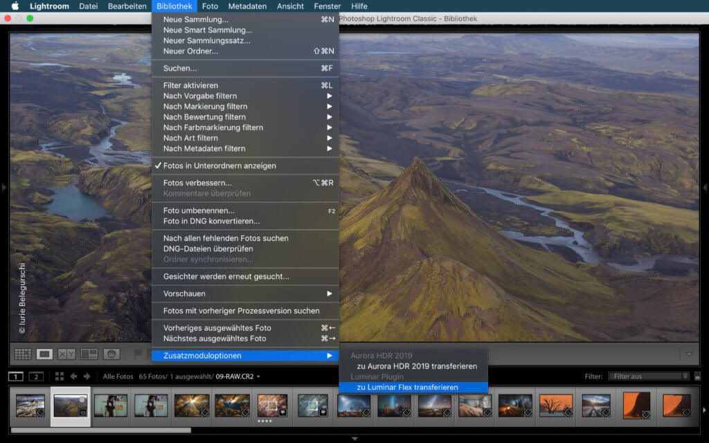Anwahl des Skylum Luminar Flex Plugins über Lightroom unter macOS.