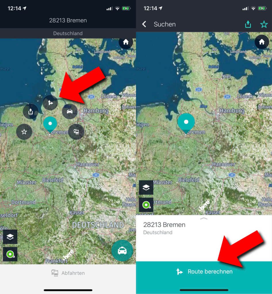 Die Route berechnen, indem das Ziel direkt auf der Karte ausgewählt wird – das ist auf verschiedenen Wegen möglich.
