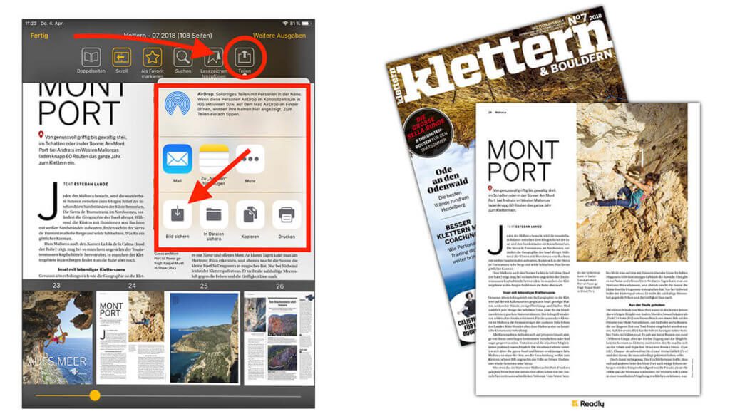 Mit der Funktion "Teilen" und in Fotos speichern, landet eine Grafik bestehend aus der entsprechenden Magazin-Seite und dem Cover der Ausgabe in der Fotomediathek. Die Auflösung ist hoch genug, um den Text lesen zu können.