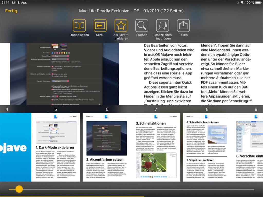 Tippt man beim Lesen einer Zeitschrift auf das Display, öffnet sich das Userinterface. Darüber kann man oben die Zeitschrift zu den Favoriten hinzufügen, ein Lesezeichen setzen oder auch das Sharesheet öffnen. Im unteren Bereich werden alle Seiten des Magazins als Thumbnail dargestellt. Über den Slider kann man schnell im Heft blättern.
