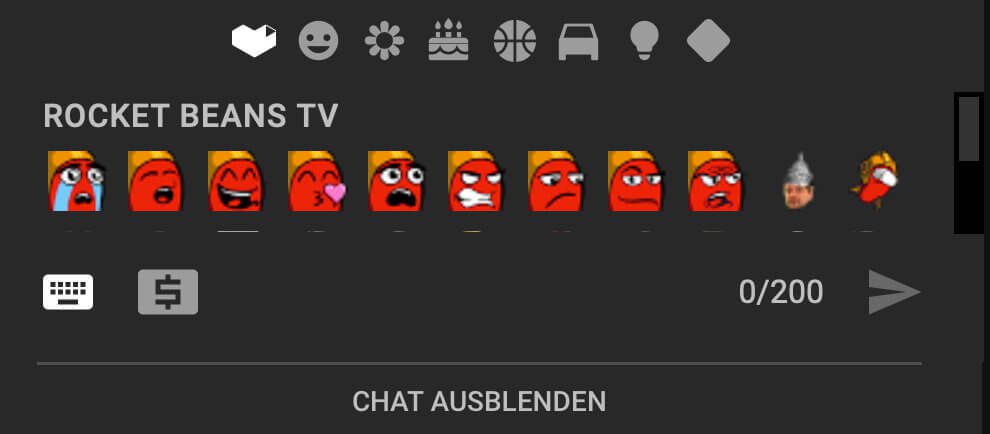 Mögliche Zusatz-Emojis, mit denen sich Mitglieder kanalspezifisch im Live-Chat des YT-Streams austauschen können. (Screenshot von einem RBTV-Mitglied zur Verfügung gestellt.)