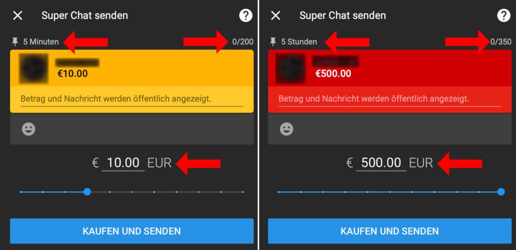 Je nach YouTube Super Chat Betrag ändert sich die Zeit, für welche die Nachricht angepinnt wird, sowie ihre maximale Zeichenzahl. Achtung: Beachtet die Länge des Streams. Mehrstündige Super-Chat-Nachrichten lohnen nur bei langen Sessions bzw. bei 24/7-Angeboten wie Rocket Beans TV (s. u.).
