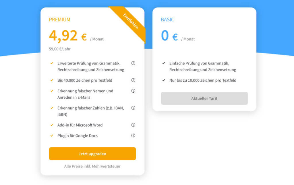 Mit knapp 60 Euro im Jahr erhält man das Upgrade auf den Premium-Account, der aus meiner Sicht die einzig vernünftige Wahl ist, wenn man die Hilfe von LanguageTool nutzen möchte.