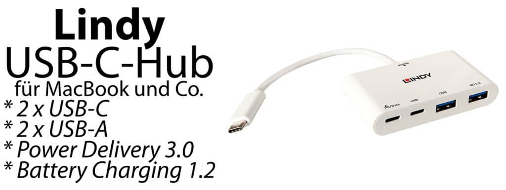 Der Lindy USB-C-Hub bietet nicht nur zwei C-Buchsen und zwei A-Buchsen, sondern auch PD 3.0 und BC 1.2. Monitore können nicht angeschlossen werden. Bild: Lindy / Amazon