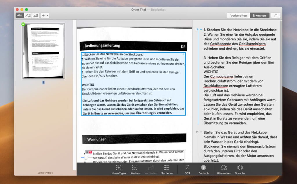 Während der Bearbeitung sieht man in der Mitte die erkannten Textblöcke und rechts das OCR-Ergebnis.
