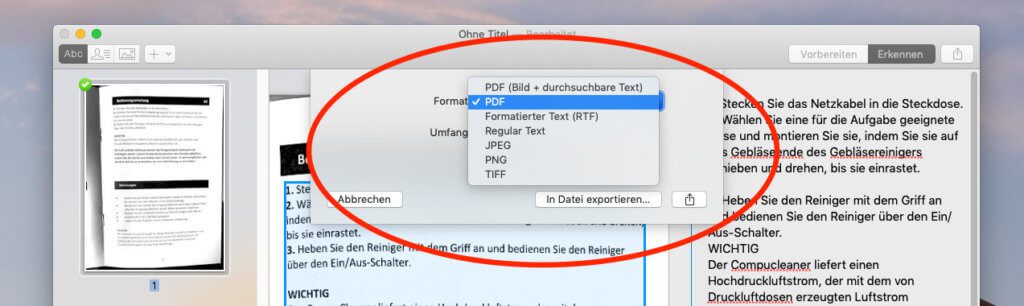 Die Exportmöglichkeiten von Prizmo sind ebenfalls vielfältig und reichen bis zum PDF, das von Spotlight indexiert werden kann.