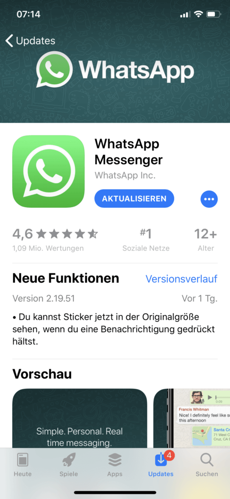 App Store -> Updates -> App aussuchen -> Aktualisieren antippen