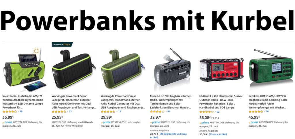 Eine Powerbank mit Kurbel sowie Solar-Panel, USB-Anschluss, Radio und mehr – einige Angebote sind gut bis sehr gut von Kunden bewertet.