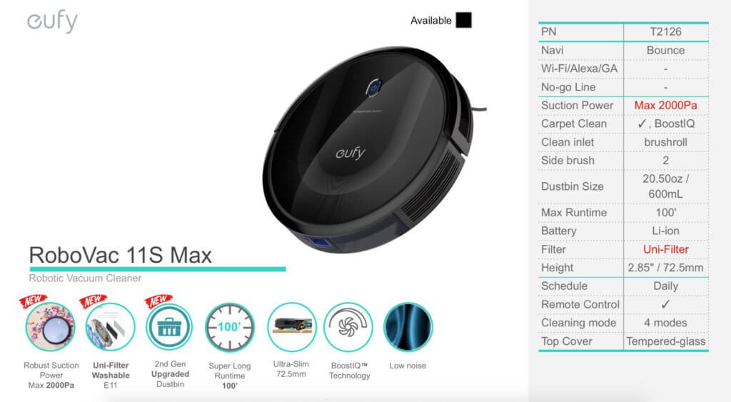 Einige der technischen Details und Funktionen des eufy RoboVac 11S Max in einer offiziellen Grafik.