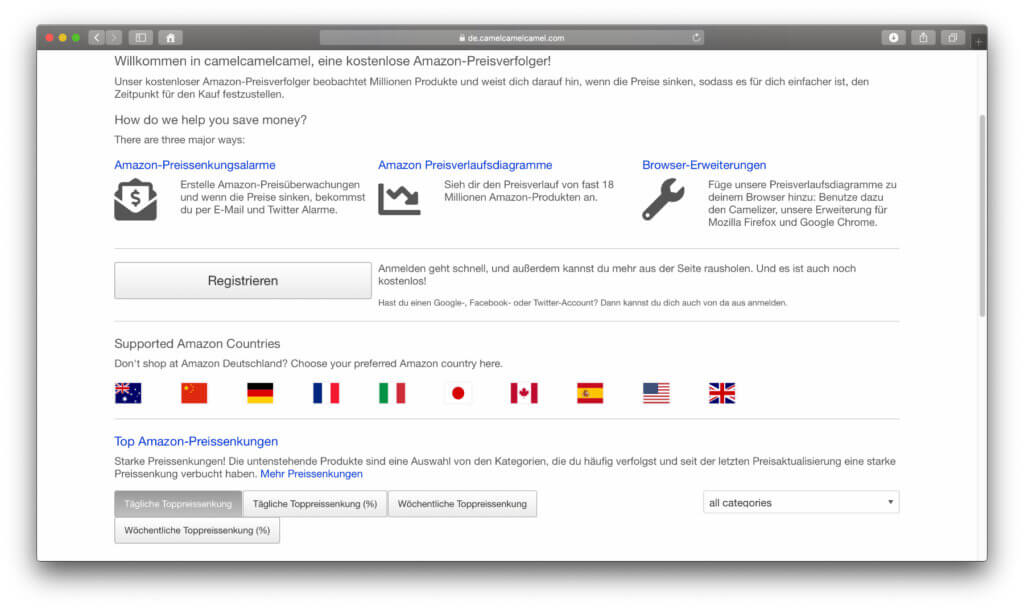 Die CamelCamelCamel-Seite ist nicht der modernste Amazon Price Tracker, aber das Original in diesem Bereich. Einige der Camel-Funktionen wie Preis-Diagramme sind auch ohne Anmeldung verfügbar.