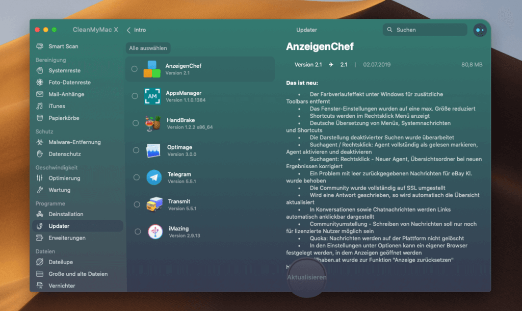 Im Vergleich mit MacUpdater wirkt die Aktualisierungsfunktion von CleanMyMac X wie Spielkram. Während MacUpdater bei mir 56 Aktualisierungen findet, zeigt mir CleanMyMac nur 7 Apps an.