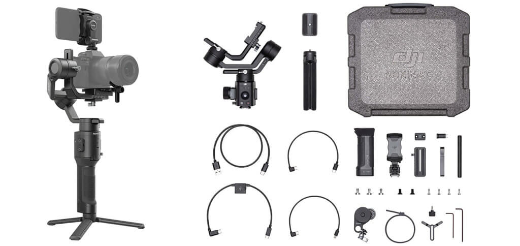 Der DJI Ronin-SC Lieferumfang in der Pro Combo Version. Zusätzlich enthalten sind dabei Steuerelemente für das Fokusrad am Kamera-Objektiv.