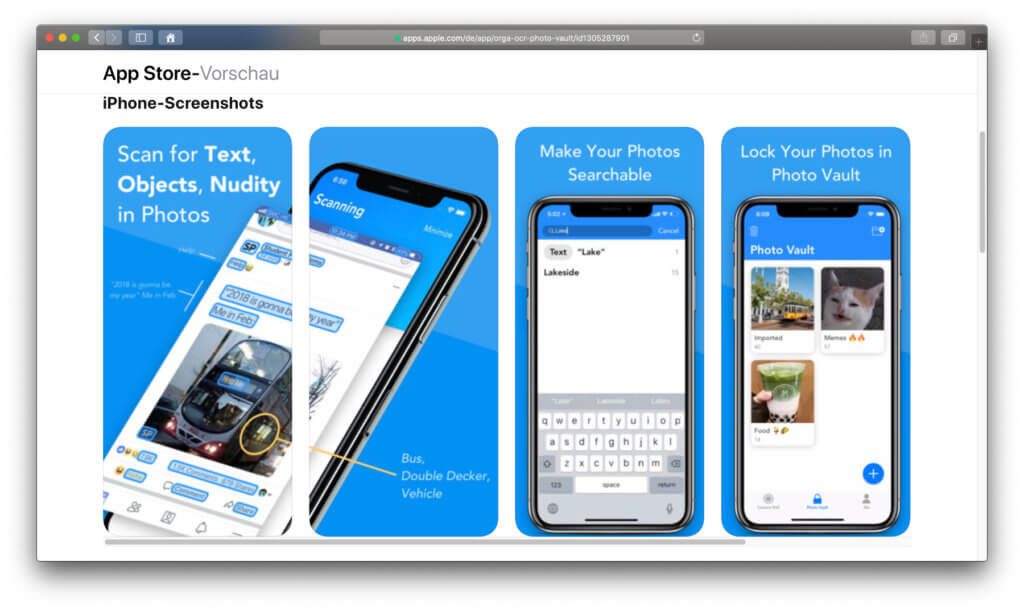 Die Orga iPhone-App durchsucht Bilder und Fotos nicht nur auf Text, sondern auch auf Objekte und andere Inhalte, z. B. Nacktheit.