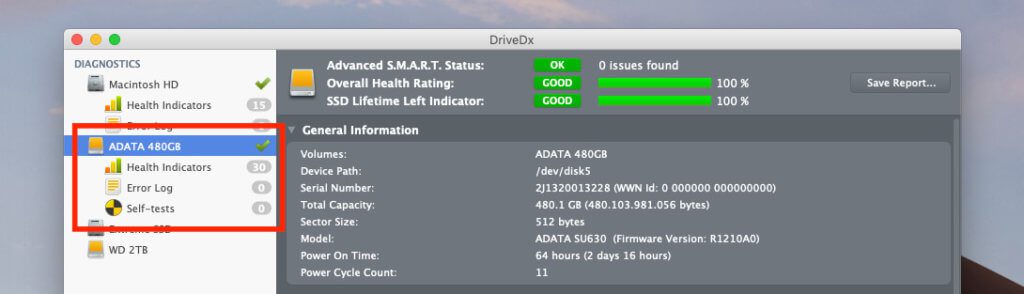 Da die ADATA SSD bei mir nur wenige Stunden in Betrieb war, ist der SMART-Status natürlich noch sehr gut. Je älter die Laufwerke werden, umso mehr kritische Anmerlungen wird man mit dem Tool DriveDx finden.