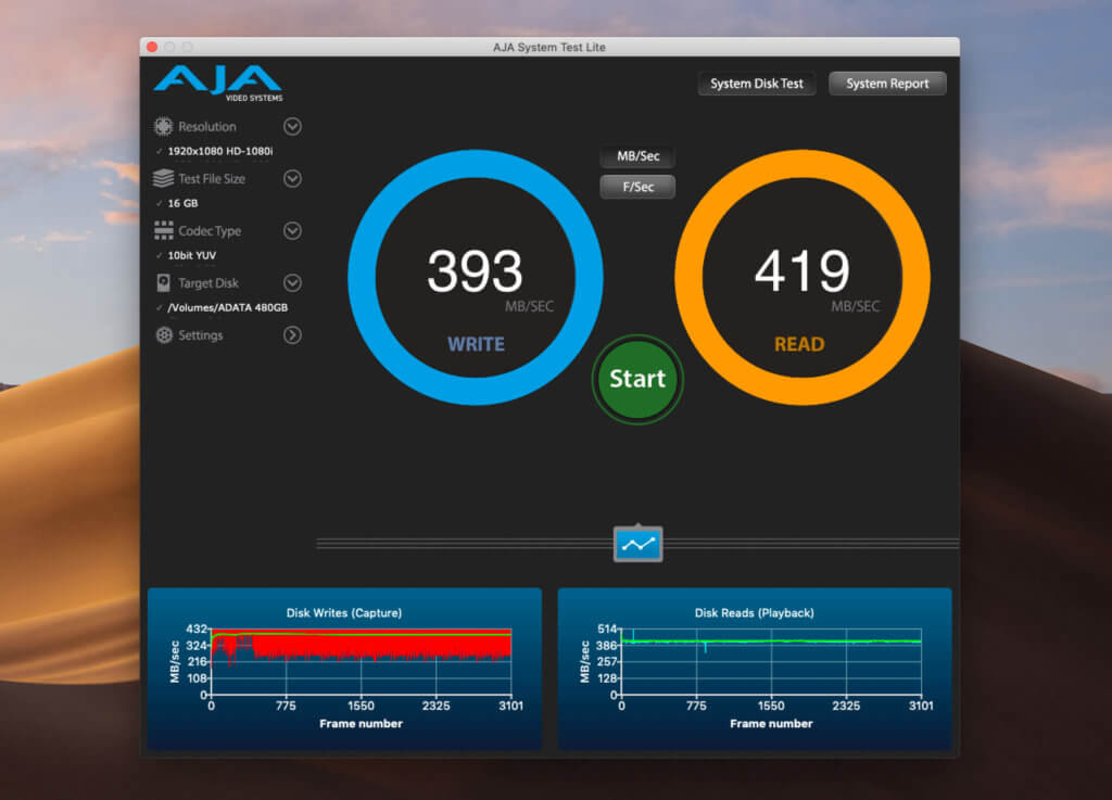 Bei meinem Benchmarking mit Aja System Test macht die ADATA eine gute Figur und erreicht sowohl beim Lesen als auch beim Schreiben Werte um die 400 MB pro Sekunde.