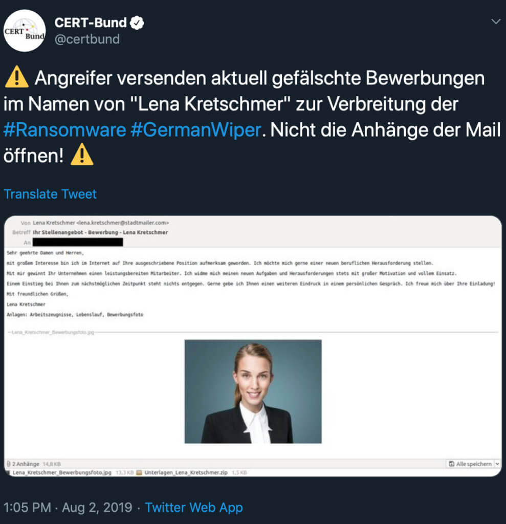 Die Windows-Malware GermanWiper kommt per E-Mail und sieht wie eine Bewerbung aus. Öffnet nie den Zip- oder RAR-Anhang einer solchen Mail. Es könnte ein Virus drin stecken! German Wiper E-Mail Lena Kretschmer