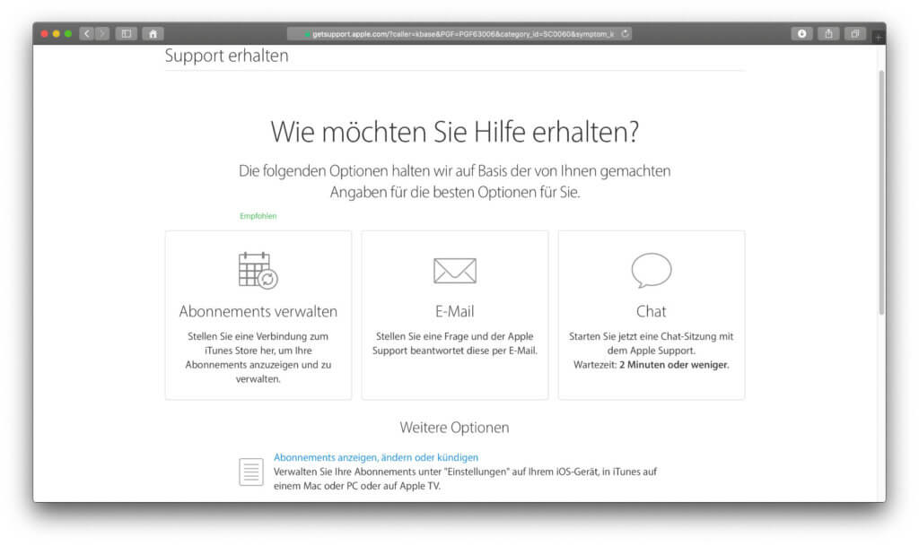 Der Link führt euch direkt zum Apple-Support im Themenbereich iOS-Apps. Hier könnt ihr für Applikationen, die ihr nicht in der Übersicht findet, Unterstützung erhalten und ggf. das Abo kündigen, auch in der Probezeit.