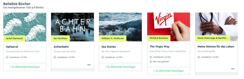 Bei der Zusammenstellung der beliebten Bücher wird schon deutlich, dass Blinkist hier thematisch breiter aufgestellt ist als getAbstract.