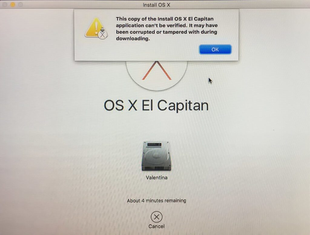 Fehlermeldung bei der Installation von OS X El Capitan.