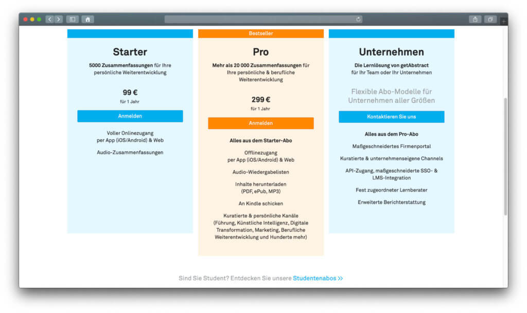 Die Preise für die getAbstract-Abos im Überblick. Unternehmen müssen eine individuelle Anfrage stellen; Studenten können den Dienst sogar kostenlos nutzen.