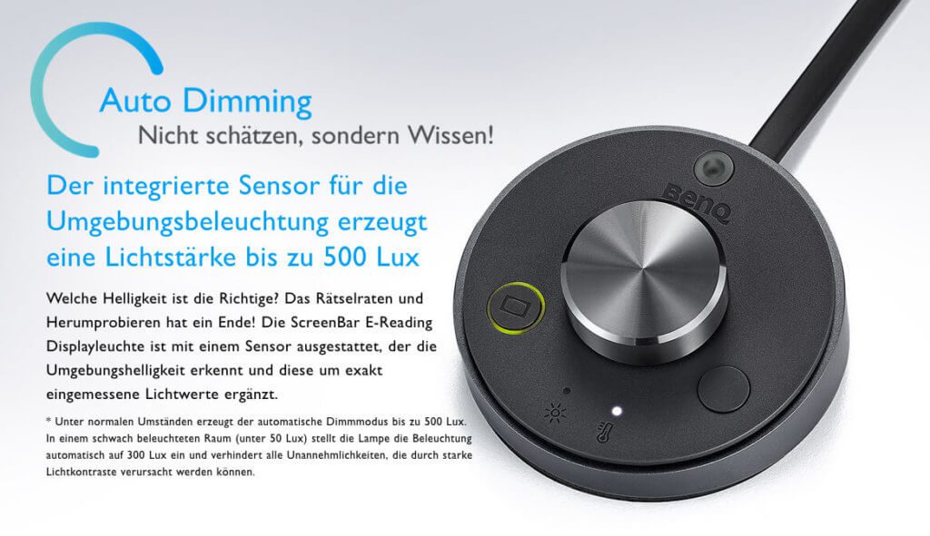 Auf der BenQ-Seite wird erläutert, wozu das Auto-Dimming-Feature gedacht ist. Bei der Plus-Variante ist der Umgebungslichtsensor im externen Bedienteil integriert (Screenshot: BenQ).