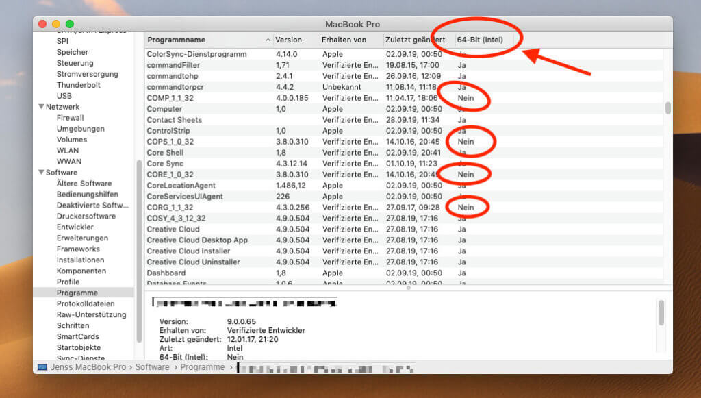 32-Bit-Apps findet man, wenn in der Spalte "64-Bit (Intel)" der Wert "Nein" steht.