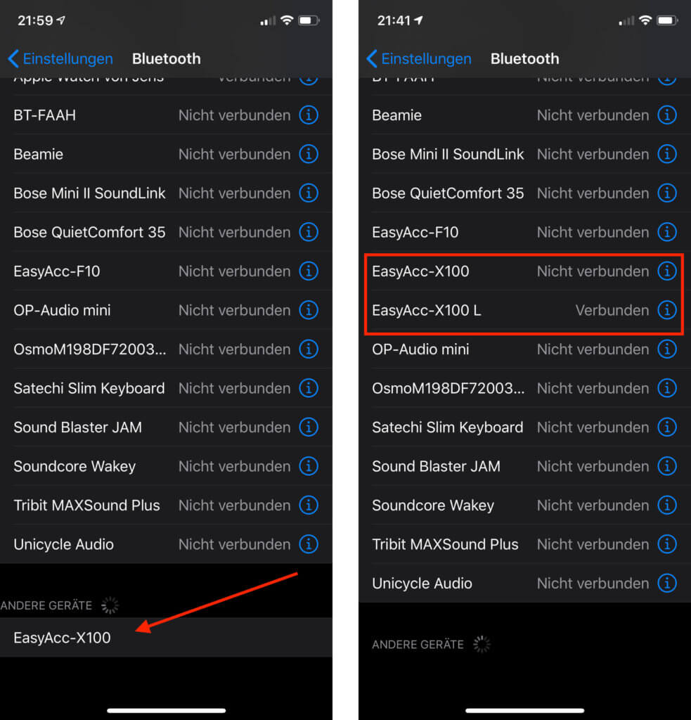 Direkt nach dem Entnehmen aus der Packung sind die EasyAcc X100 schon im Pairingmodus und erscheinen in der Liste der Bluetooth-Geräte. Im rechten Screenshot sieht man, dass man die Ohrhörer auch einzeln nutzen kann. In diesem Fall ist nur der Link (L) verbunden.