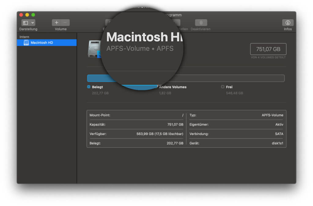 Um zwei macOS-Versionen ohne Partitionen auf einer Festplatte installieren zu können, muss diese im APFS-Dateisystem formatiert sein.