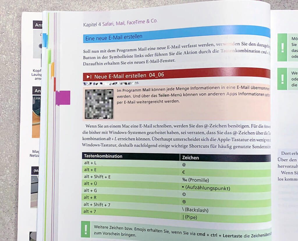 Hier sieht man am Beispiel "Neue E-Mail erstellen", wie man über den QR-Code zum Video gelangt. In einigen Kapiteln findet man trotz der umfangreichen Videos noch umfassende Informationen zum Thema, wie hier die Tastaturkürzel. Aber leider nicht immer…