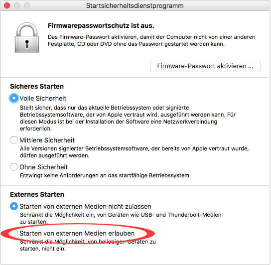 Falls euer Mac von 2018 oder 2019 über einen T2 Security Chip verfügt, müsst ihr vorerst festlegen, dass der Computer auch von externen Quellen gebootet werden darf. Bildquelle: Apple.com