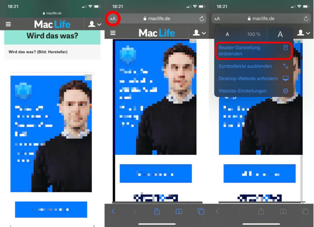 Auf der gewählten Beispielseite wird die Werbung (hier verpixelt) ganzseitig dargestellt, sodass man komplett im Lesefluss gestört wird. Mit den aufgezeigten Buttons und Menüpunkten aktiviert ihr den Reader in der Safari App für iOS.