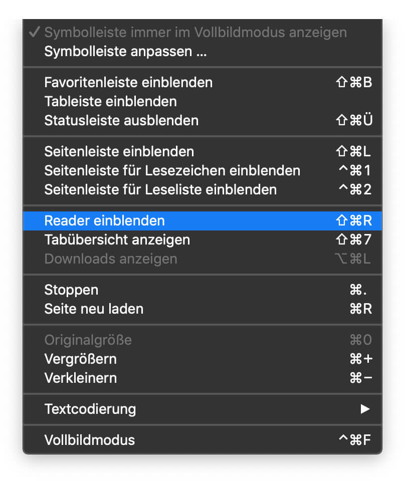 Um am Mac den Safari-Reaser zu aktivieren, braucht es nur zwei Klicks in der Menüleiste von macOS.