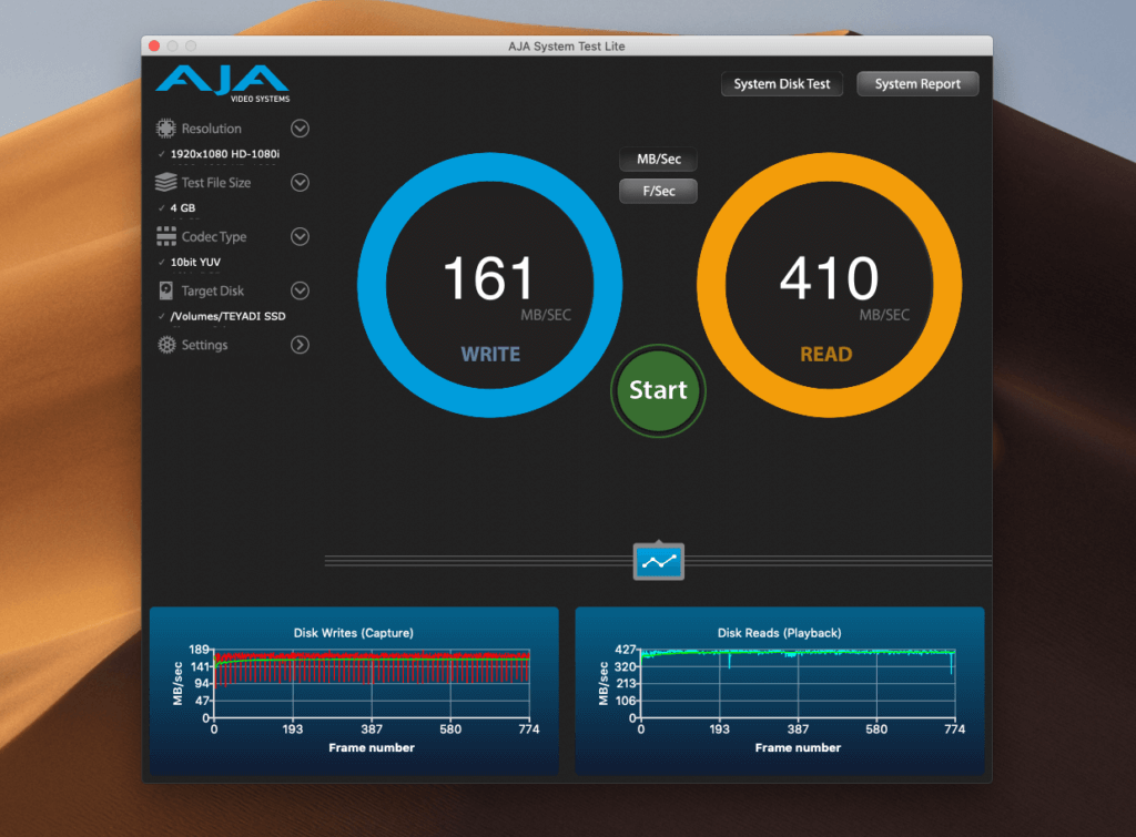 Hier die Benchmarks für die Teyadi SSD, als sie direkt am MacBook Pro angeschlossen wurde.