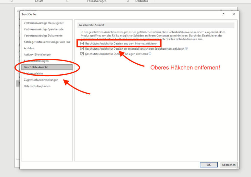 Unter "Geschützte Ansicht" kann man die gleichnamige Option für Dateien aus dem Internet deaktivieren.