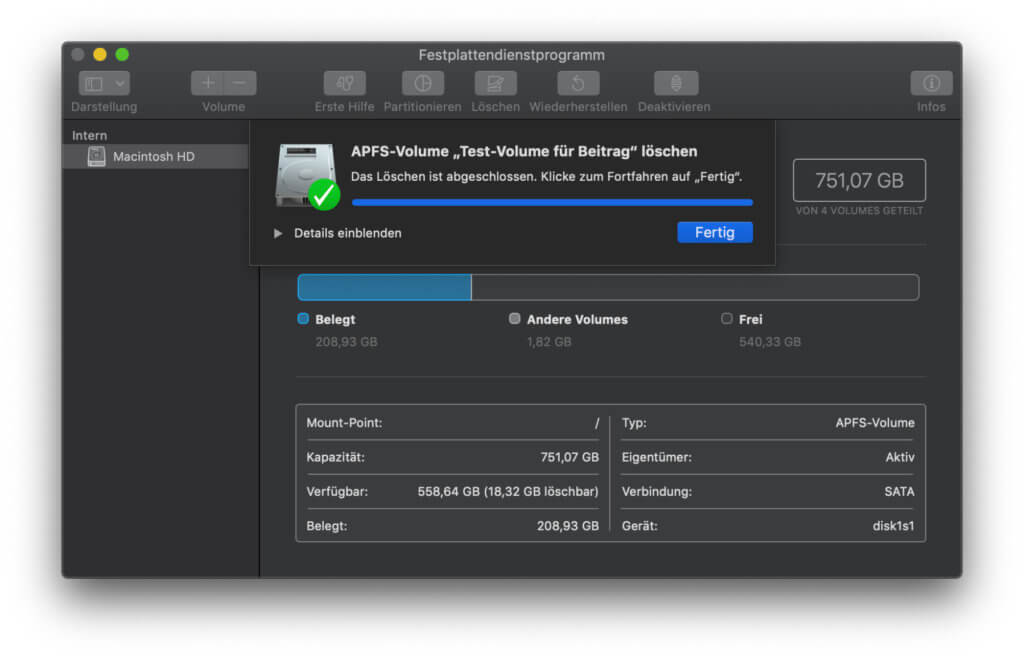 Nach dem APFS Volume löschen bekommt ihr diese Anzeige. Aber schon davor solltet ihr einen wichtigen Schritt nicht vergessen.
