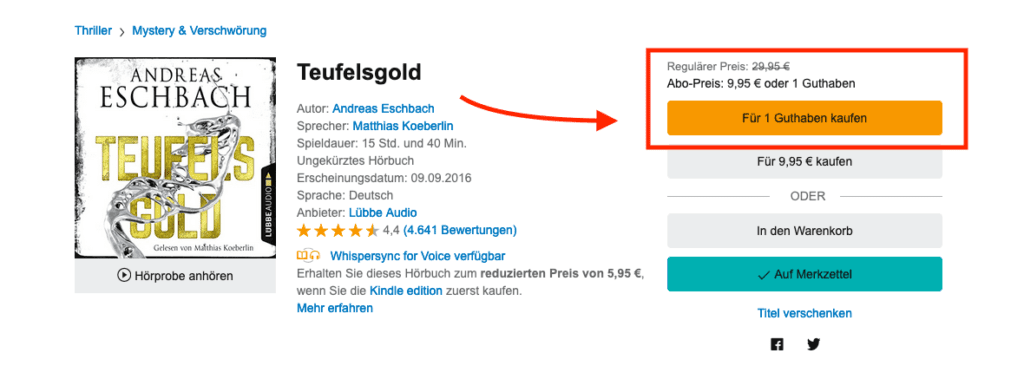 Über die Webseite erhält man mit dem Guthaben für knapp 10 Euro ein Hörbuch – bei Angeboten sogar für ca. 5 Euro.