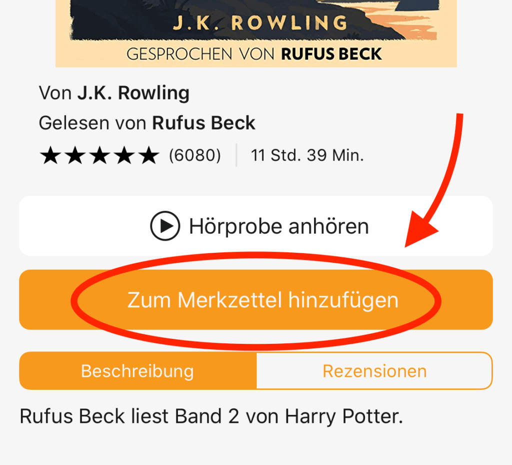 Das Kaufen von Audio-Inhalten über die App ist leider nicht möglich. Man kann sich die Hörbücher oder -spiele aber merken und später über die Webseite kaufen.