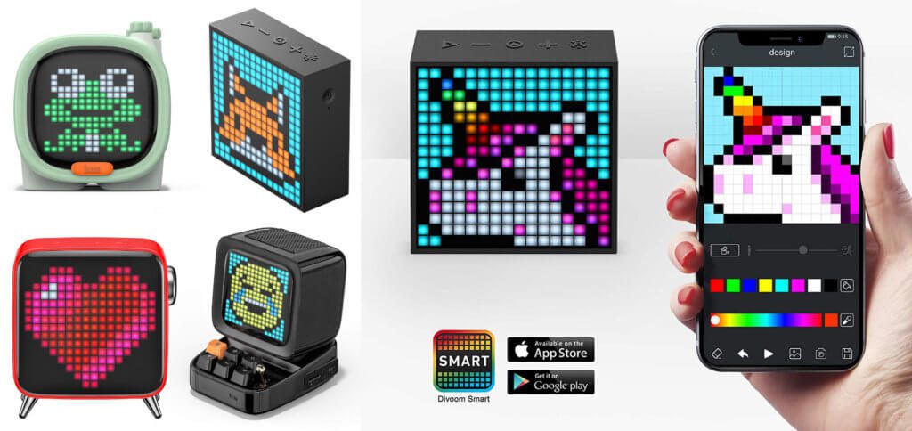 Die Divoom Lautsprecher sind cool designte Bluetooth Speaker mit Pixel-Art-Displays. Gute Audio-Qualität trifft bei ihnen auf ein Display für individuelle Grafiken, Schriften, Spiele und Verwendung als Uhr. Mit der Divoom App (s.u.) werden die Einstellungen vorgenommen.