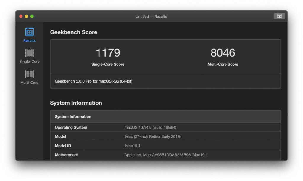 Geekbench 5 zeigt euch nicht nur die Hardware eures Computers oder Mobilgeräts an, sondern auch deren Leistung – ideal für Vergleiche mit anderen Mac-, PC-, Smartphone- oder Tablet-Modellen. Screenshot-Quelle: Primate Labs