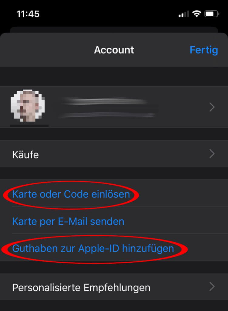 In den Menüs des App Stores findet ihr die Möglichkeit, verschiedene Karten, Codes und Guthaben einzulösen.