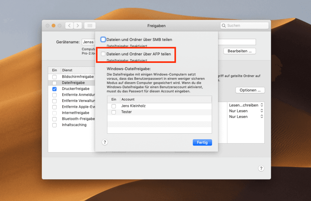 In den erweiterten Optionen der Dateifreigabe sollte das AFP-Protokoll deaktiviert sein und stattdessen SMB aktiviert werden.