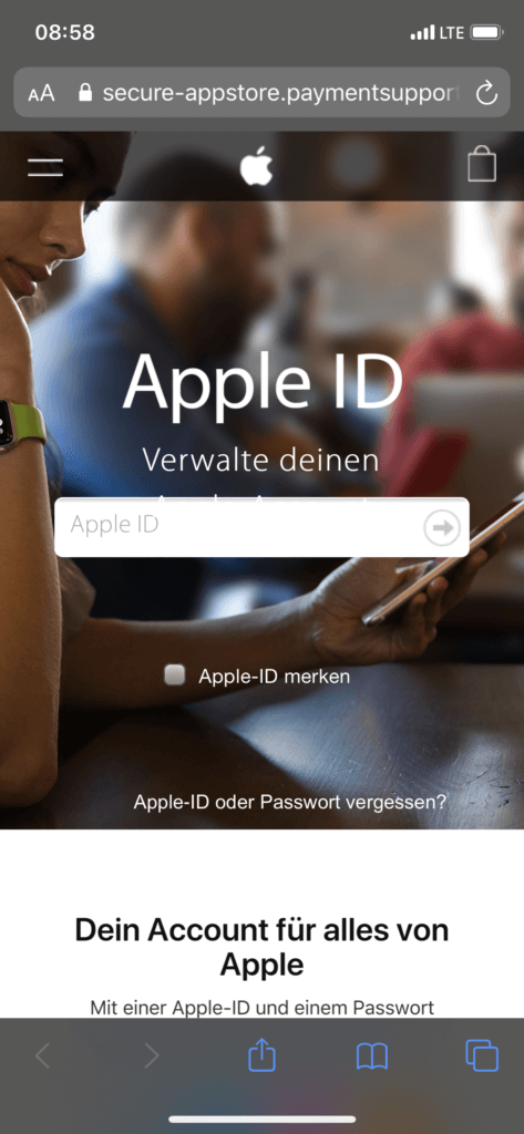 So kann die Phishing-Webseite, eine Nachbildung der Apple-ID-Seite, auf dem iPhone aussehen.