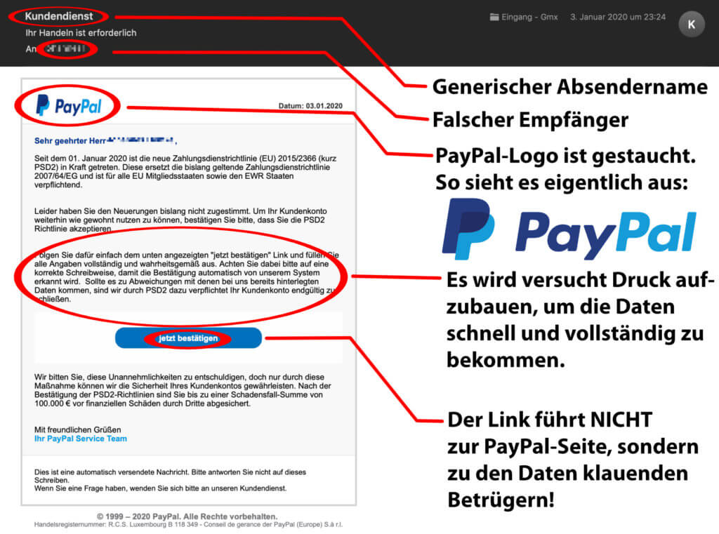 Habt ihr Anfang 2020 eine E-Mail vom PayPal Kundendienst mit dem Betreff „Ihr Handeln ist erforderlich“ zum Thema „Richtlinie 2015/2366 (PSD2)“ erhalten? Dann klickt den Link darin NICHT an!