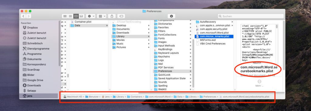 Hier im Screenshot sieht man den Pfad, an dem man sich langhangeln muss, um zu der entsprechenden plist-Datei (für Word) zu gelangen.