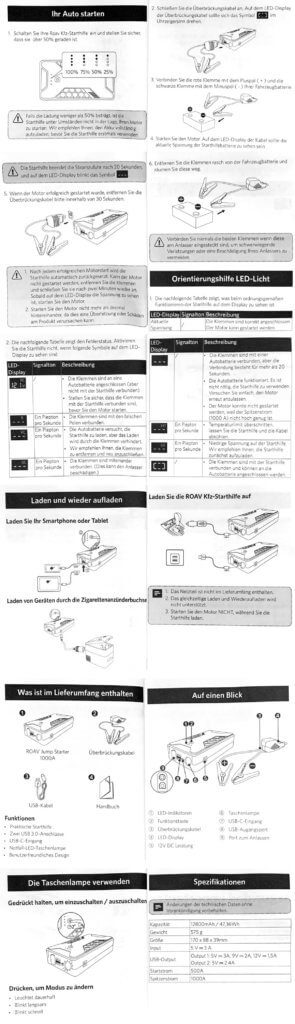 Dies ist die Betriebsanleitung der Auto-Starthilfe-Powerbank "Jump Starter Pro" von Roav (Anker).