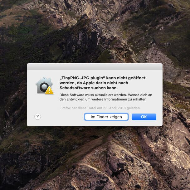 Fehlermeldung des TinyPNG Plugins unter Photoshop