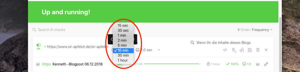 Bei den Tests kann man ein Zeitintervall wählen, in dem der Test durchgeführt wird. Im Fall eines Backlink-Checks würden mir eigentlich 24 Stunden reichen, aber leider ist das Maximum eine Stunde.