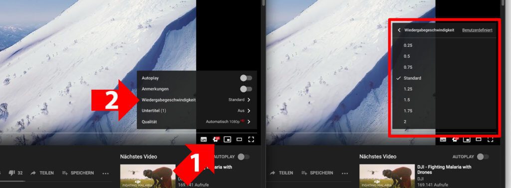 Im Webbrowser klickt ihr das Zahnrad als Bedienelement des YouTube-Videos an, wählt dann die Wiedergabegeschwindigkeit und sucht euch aus, ob ihr das Video schneller oder langsamer ansehen wollt.