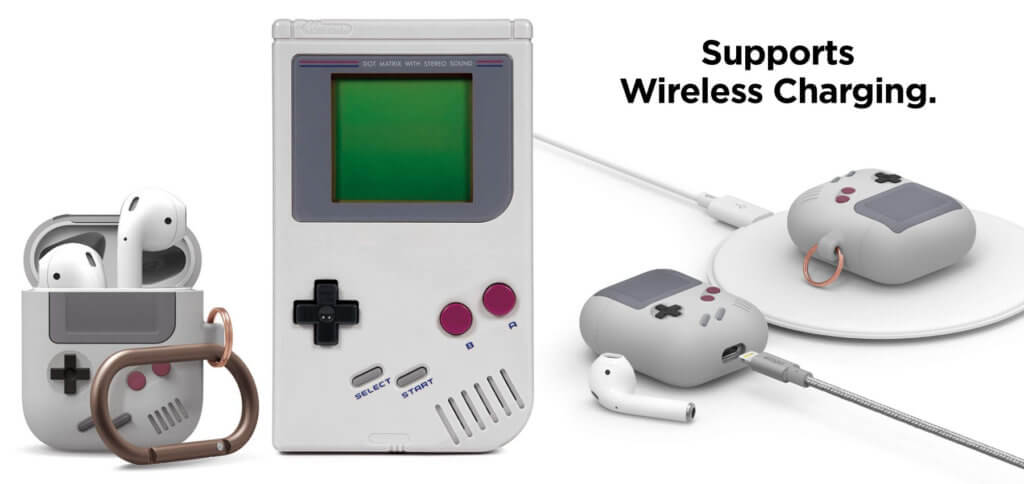 Die AirPods-Ladecase-Hülle im Gameboy-Design besteht aus Silikon, kann in Grau oder Schwarz bestellt werden, und bietet nicht nur Schutz gegen Kratzer und Stöße, sondern auch eine Transport- bzw. Befestigungshilfe. Das Aufladen des Akkus ist kein 