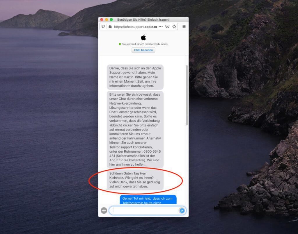 Ich habe mit dem Apple Support bisher nur gute Erfahrungen gesammelt. So auch in diesem Fall. Auch wenn es übertrieben ist, mich nach meiner Befindlichkeit zu fragen, finde ich es doch eine nette Geste.